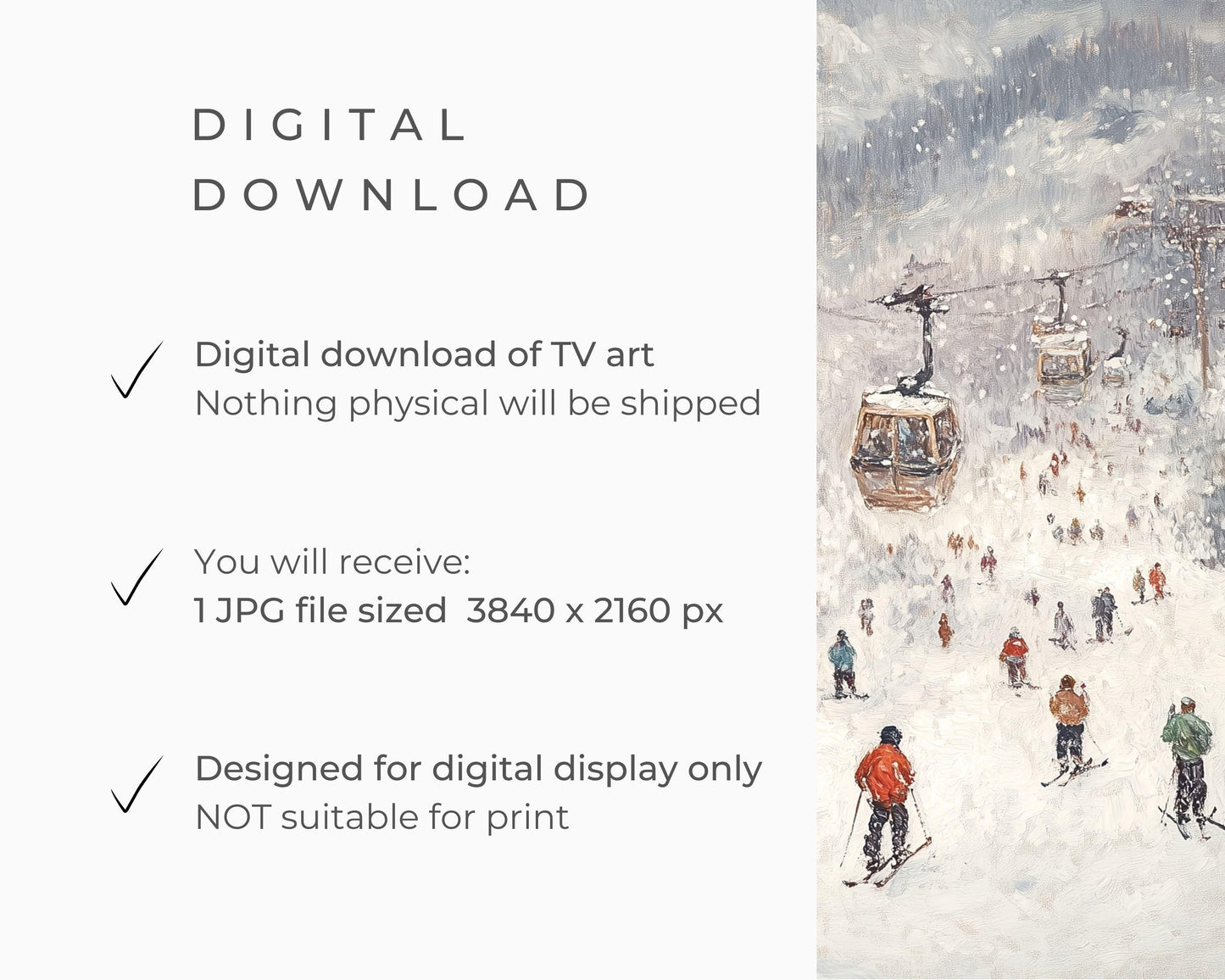 FRAME TV art Gondolas on Ski Slopes, Samsung Frame tv art Colorful Skiers, Winter Holidays in Snowy Mountains vintage style painting | TV586