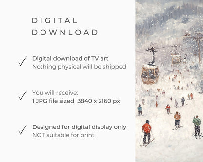 FRAME TV art Gondolas on Ski Slopes, Samsung Frame tv art Colorful Skiers, Winter Holidays in Snowy Mountains vintage style painting | TV586