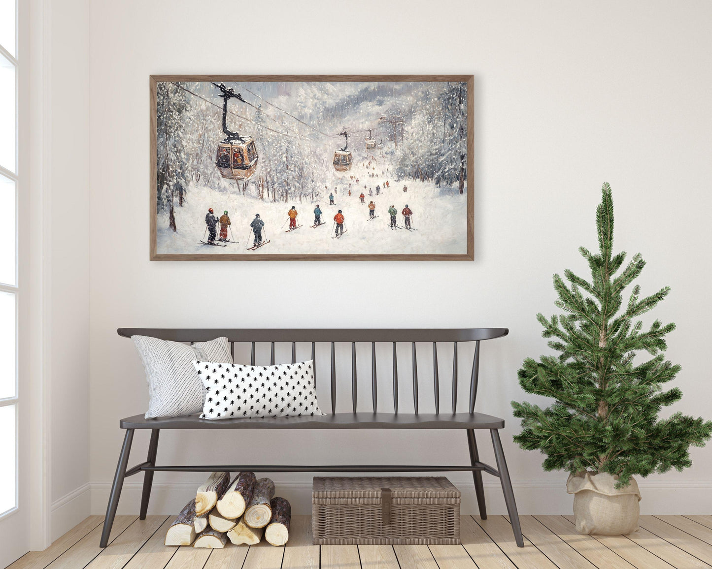 FRAME TV art Gondolas on Ski Slopes, Samsung Frame tv art Colorful Skiers, Winter Holidays in Snowy Mountains vintage style painting | TV586