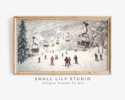 FRAME TV art Gondolas and Skiers, Samsung Frame tv art Winter Holidays in Snowy Mountains vintage style painting tv screeensaver | TV586