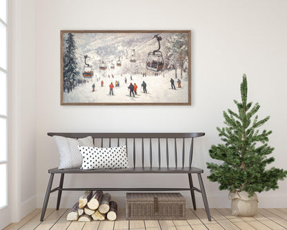 FRAME TV art Gondolas and Skiers, Samsung Frame tv art Winter Holidays in Snowy Mountains vintage style painting tv screeensaver | TV586