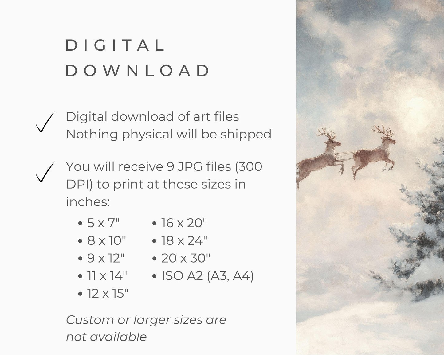 PRINTABLE Flying Santa Print, Christmas Wall Art Reindeer and Sleigh Vintage Style Painting, Magical holiday picture blue white | P116