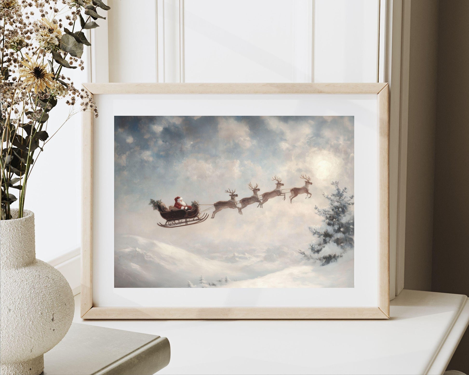 PRINTABLE Flying Santa Print, Christmas Wall Art Reindeer and Sleigh Vintage Style Painting, Magical holiday picture blue white | P116