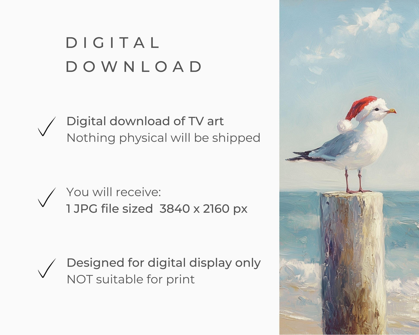 FRAME TV art Beach Christmas Seagull in Santa Hat, Coastal Christmas Samsung Frame tv art, Fun Cute Summer Tropical Xmas picture | TV571