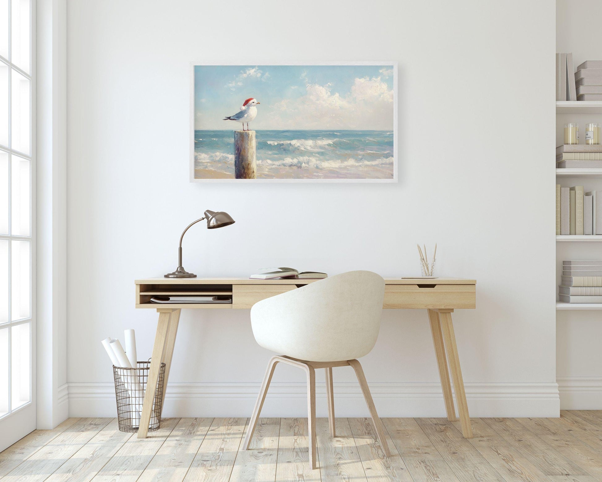 FRAME TV art Beach Christmas Seagull in Santa Hat, Coastal Christmas Samsung Frame tv art, Fun Cute Summer Tropical Xmas picture | TV571