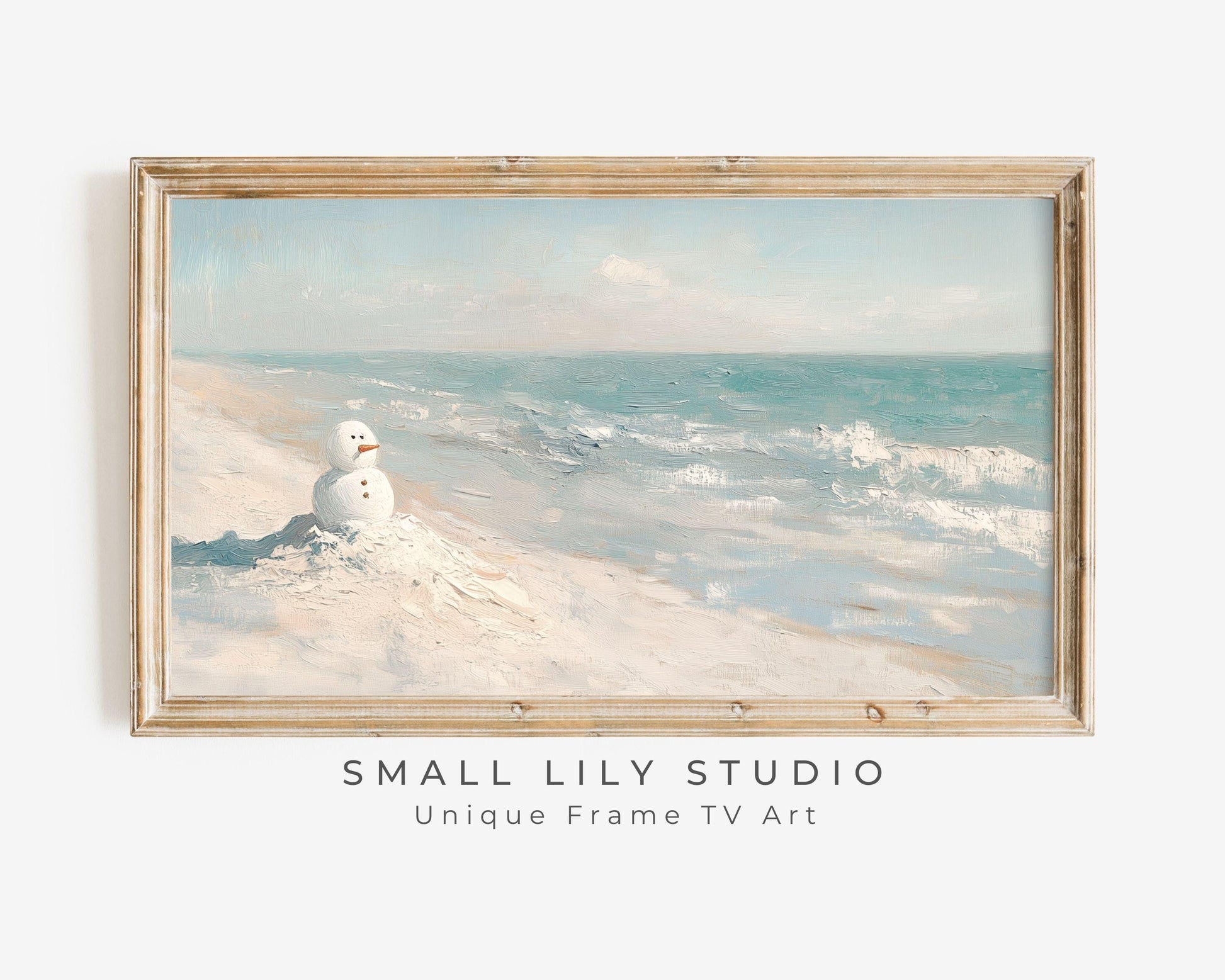 FRAME TV art Snowman on Beach, Coastal Christmas Samsung Frame tv art pastel blue white, Fun Cute Xmas picture for kids screensaver | TV572