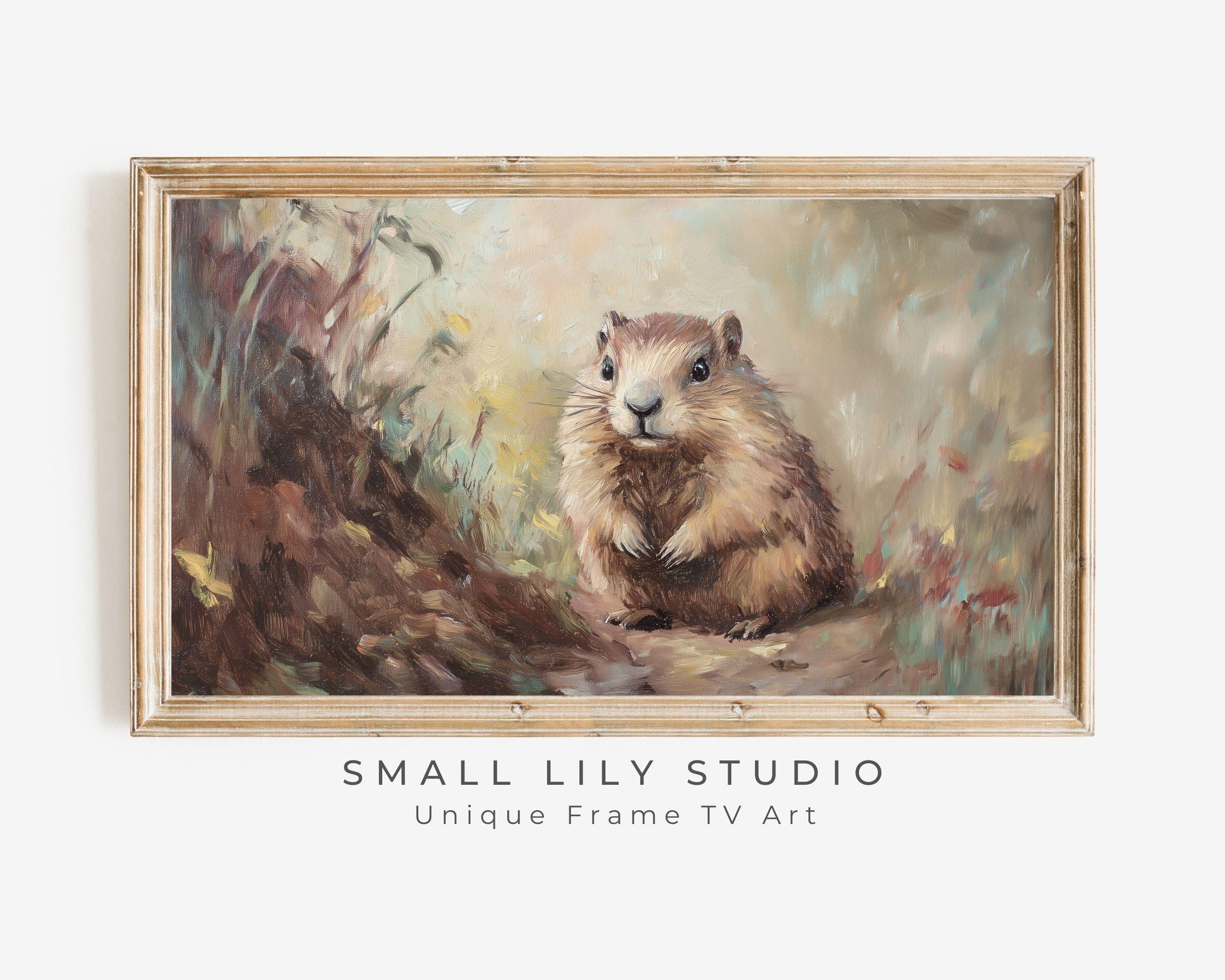 FRAME TV art Groundhog Day, Samsung Frame tv art Winter Spring, Cute animal tv picture vintage painting style TV screensaver neutral | TV592