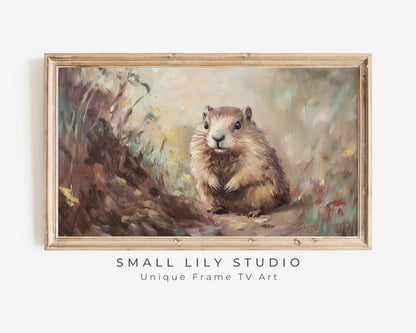 FRAME TV art Groundhog Day, Samsung Frame tv art Winter Spring, Cute animal tv picture vintage painting style TV screensaver neutral | TV592