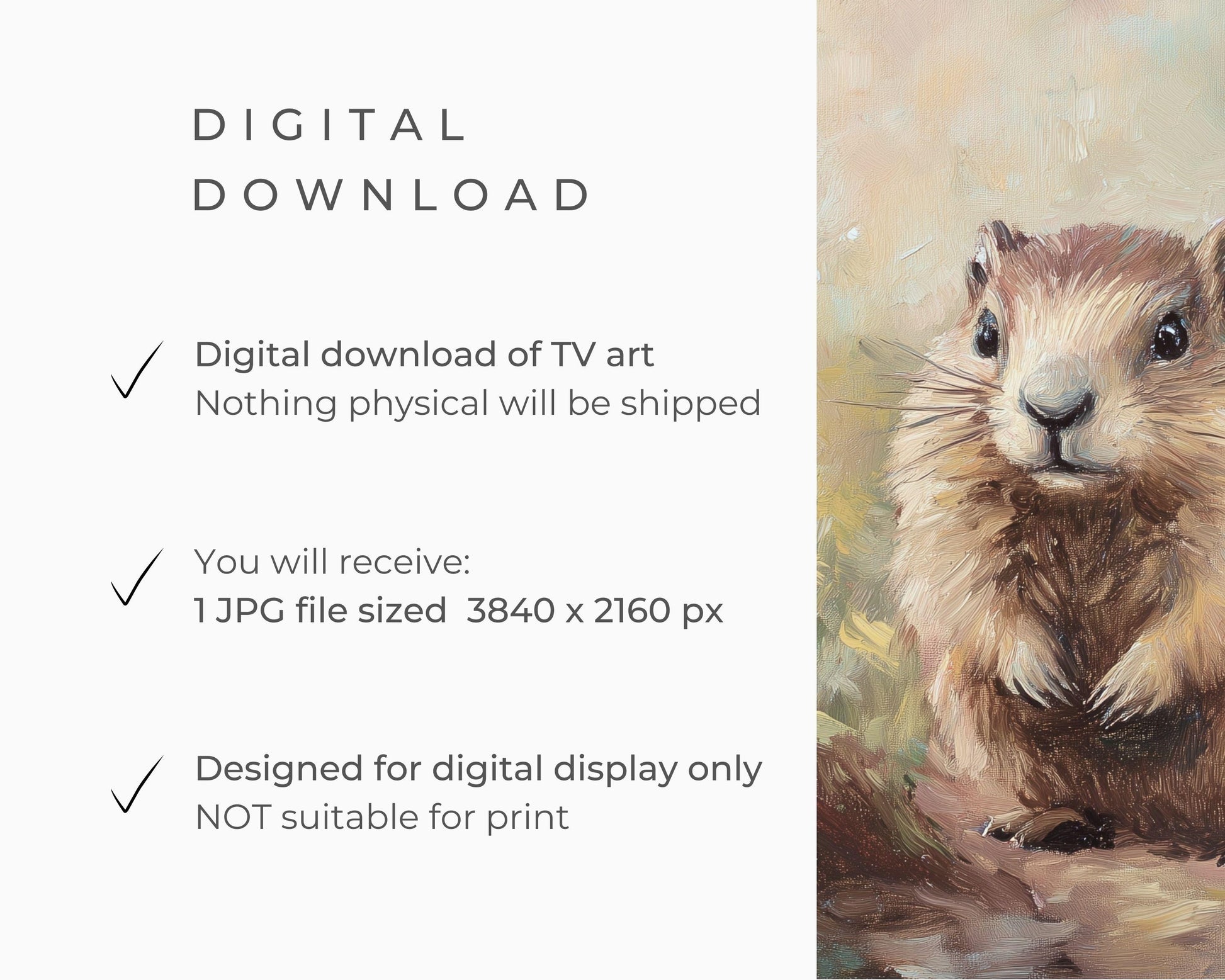 FRAME TV art Groundhog Day, Samsung Frame tv art Winter Spring, Cute animal tv picture vintage painting style TV screensaver neutral | TV592