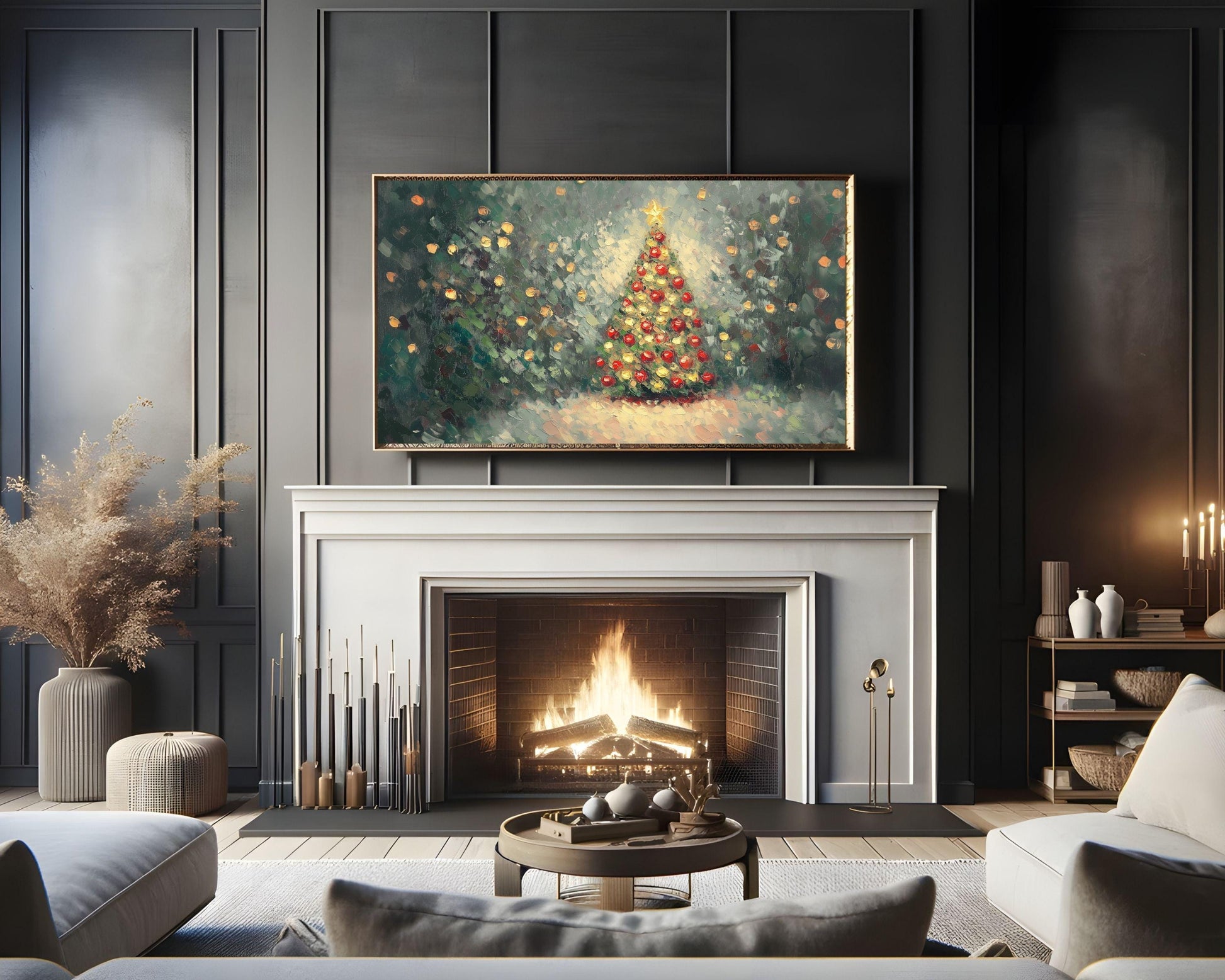 FRAME TV art Colorful Christmas Tree, Samsung Frame TV Christmas picture red green, Cute textured holiday painting tv screensaver | TV576