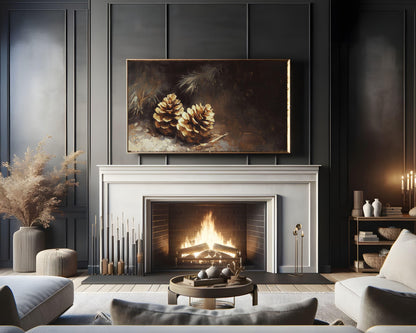 FRAME TV art Minimalist Pinecones, Winter Samsung Frame TV art, Farmhouse Botanical vintage style painting neutral moody brown | TV574