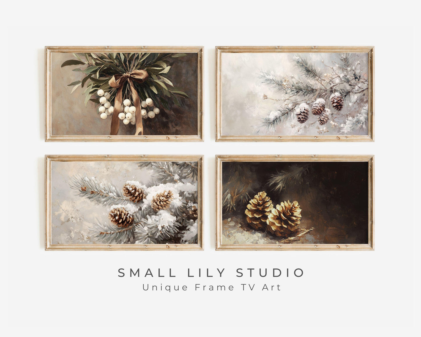 FRAME TV art Winter Botanical BUNDLE, Samsung Frame Tv art Mistletoe Pinecones, Neutral farmhouse Christmas tv pictures brown white | TV583