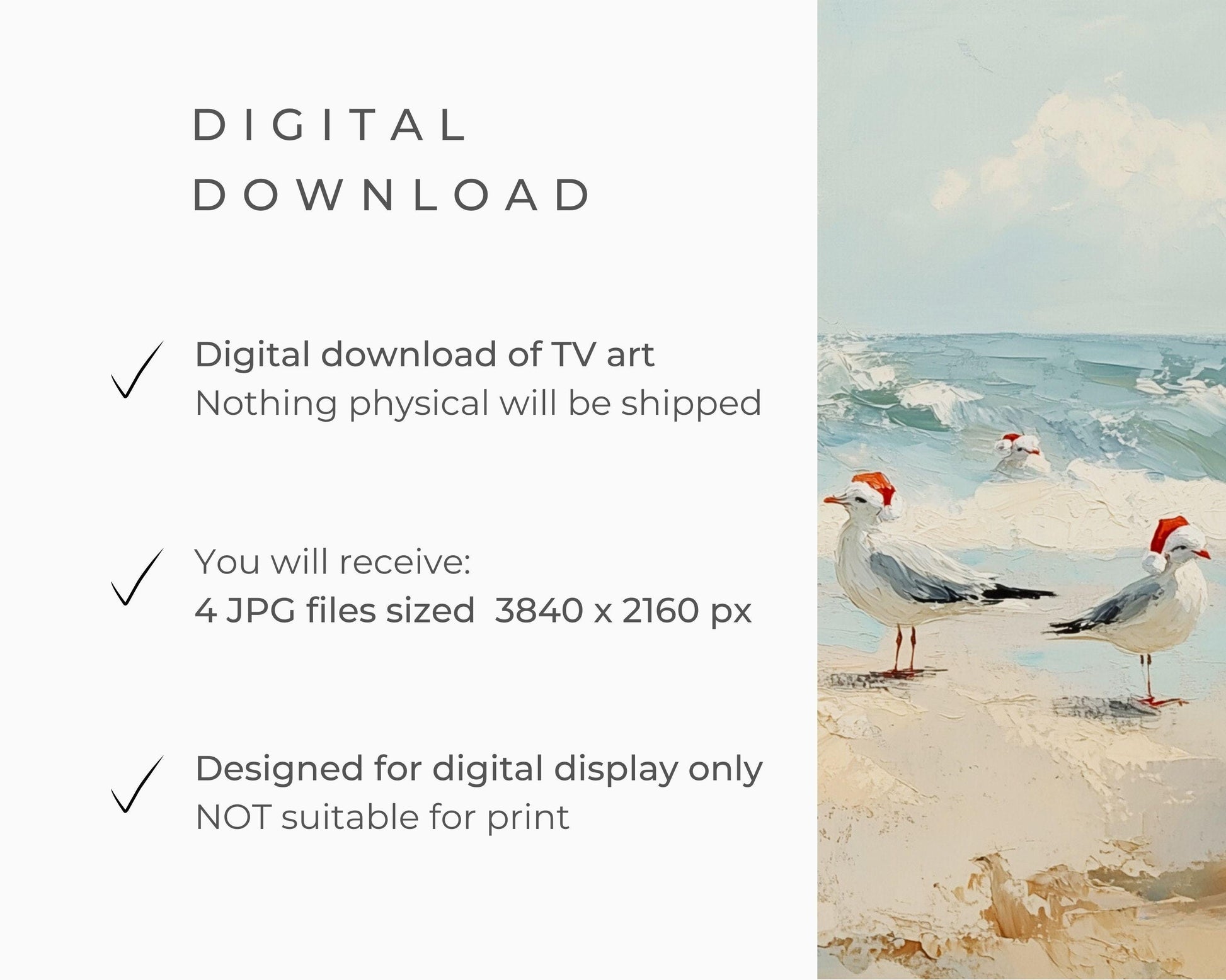 FRAME TV art Coastal Christmas BUNDLE, Samsung Frame Tv art Beach Holiday Christmas Tree, Seagulls in Santa Hats Tv art screensaver | TV584