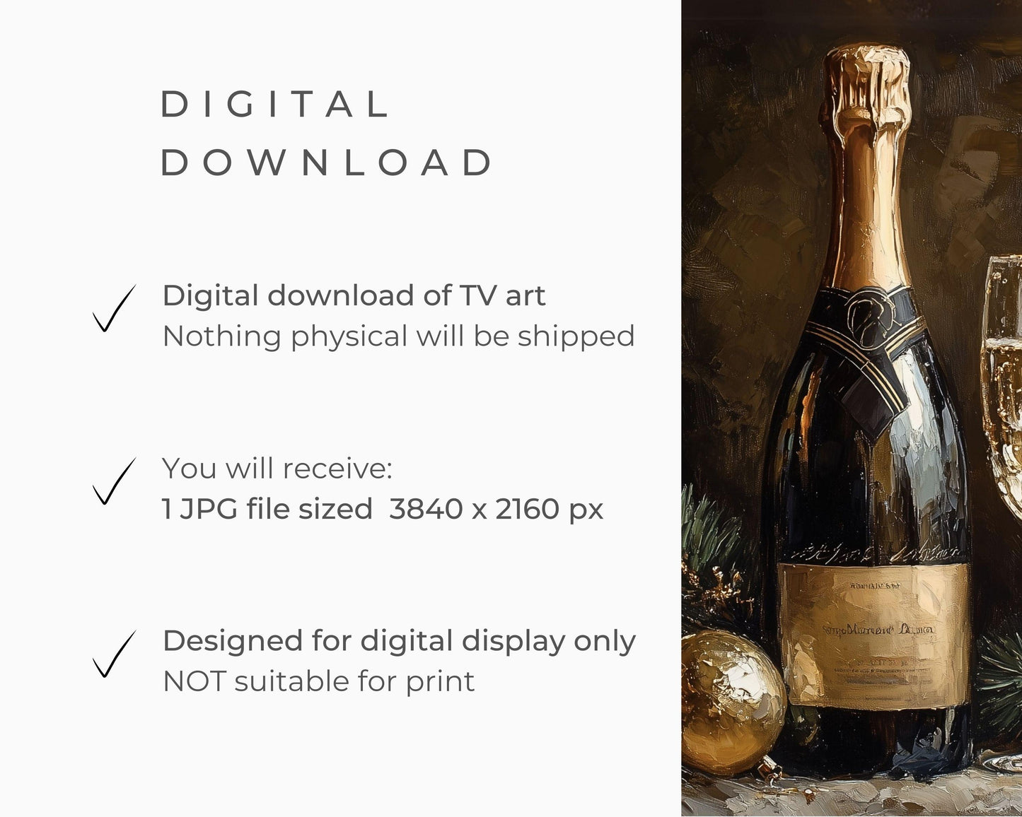 FRAME TV art New Years Champagne, NYE Celebration Samsung Frame tv art, Moody drinks vintage style painting gold black seasonal | TV581