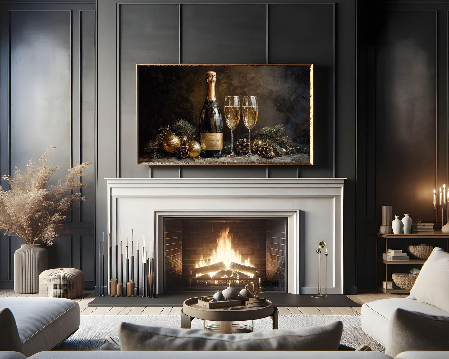 FRAME TV art New Years Champagne, NYE Celebration Samsung Frame tv art, Moody drinks vintage style painting gold black seasonal | TV581