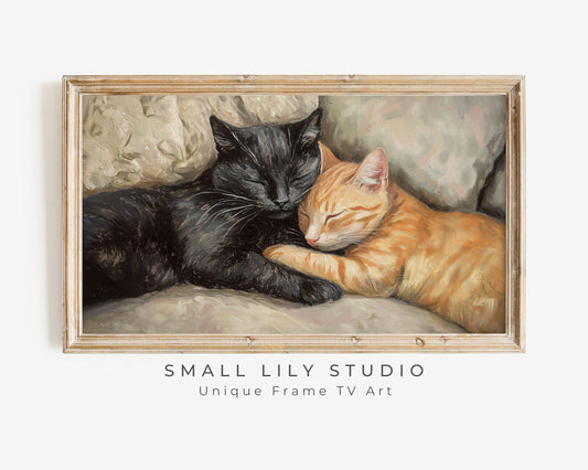 Frame TV Cats Sleeping Together, Cute Valentine's Day Samsung Frame TV art, Romantic TV screensaver cat lover vintage painting style | TV598