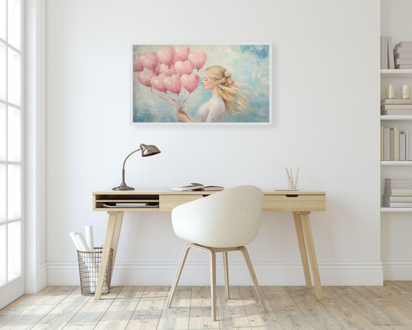 FRAME TV art Pink Heart Balloons, Samsung Frame art Valentine's Day, Vintage style painting vday self love woman portrait pink blue | TV596