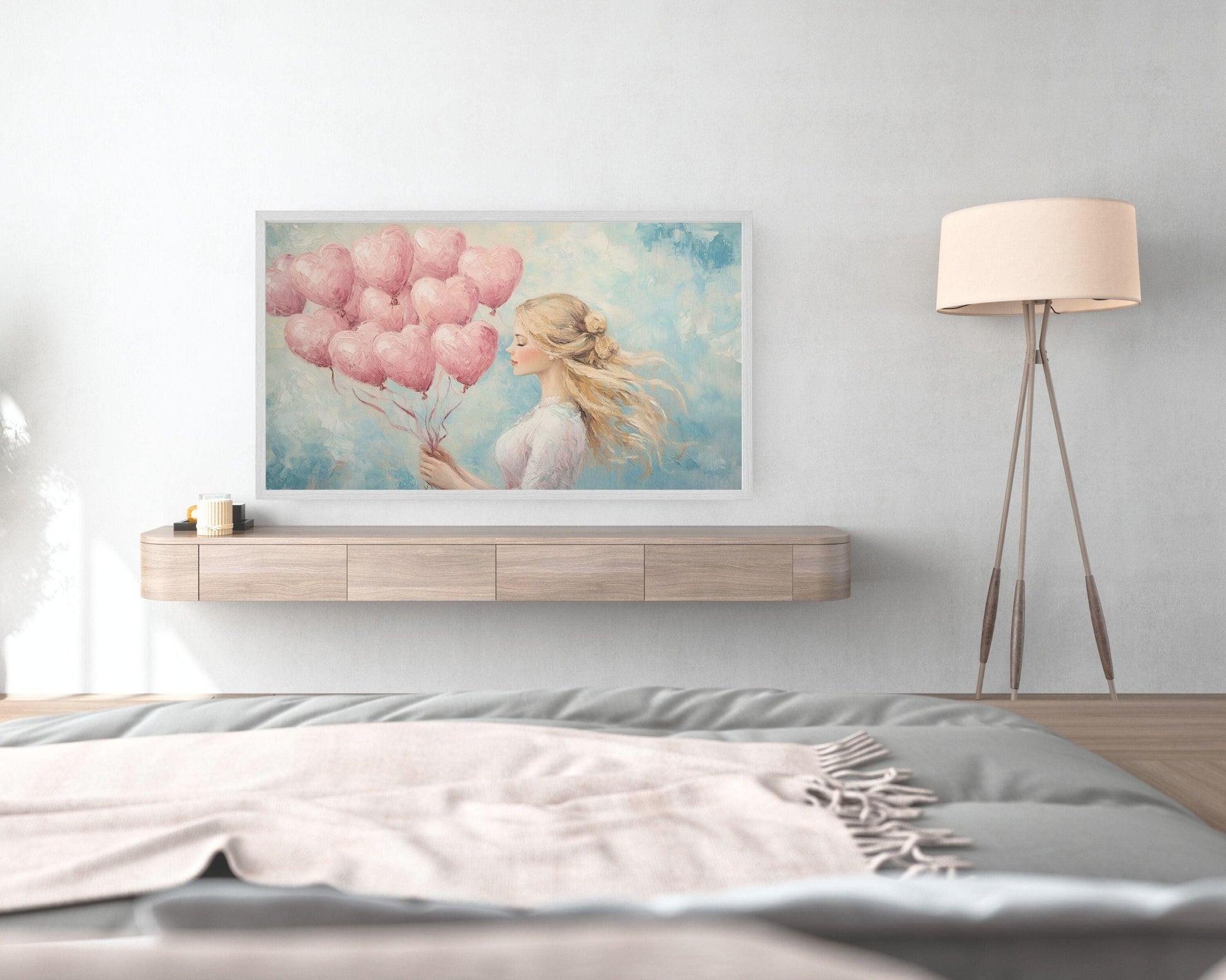 Lady With Pink Heart Balloons Frame TV Art