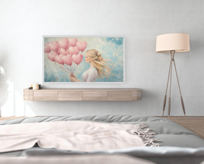 Lady With Pink Heart Balloons Frame TV Art