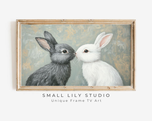 FRAME TV Art Romantic Bunnies, Samsung Frame tv art Valentine's Day, Cute Easter TV art screensaver for kids, Grey white rabbits | TV607