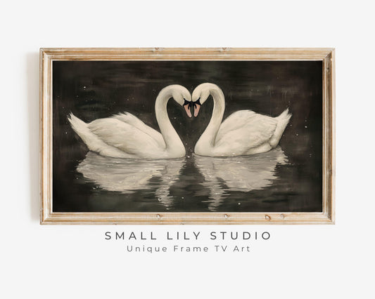 FRAME TV Art Two White Swans, Samsung Frame tv art Valentine's Day, Romantic TV art screensaver vintage style watercolor painting | TV606