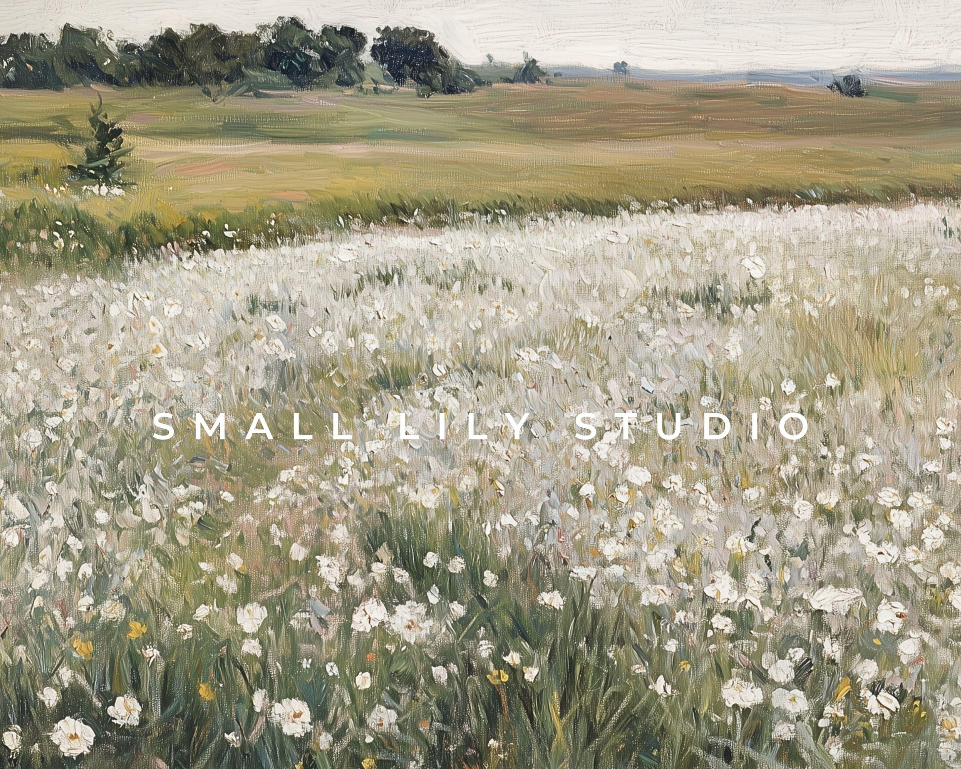 FRAME TV art White Wildflower Field, Spring landscape flower field tv art, Samsung Frame tv art sage green vintage style painting | TV602