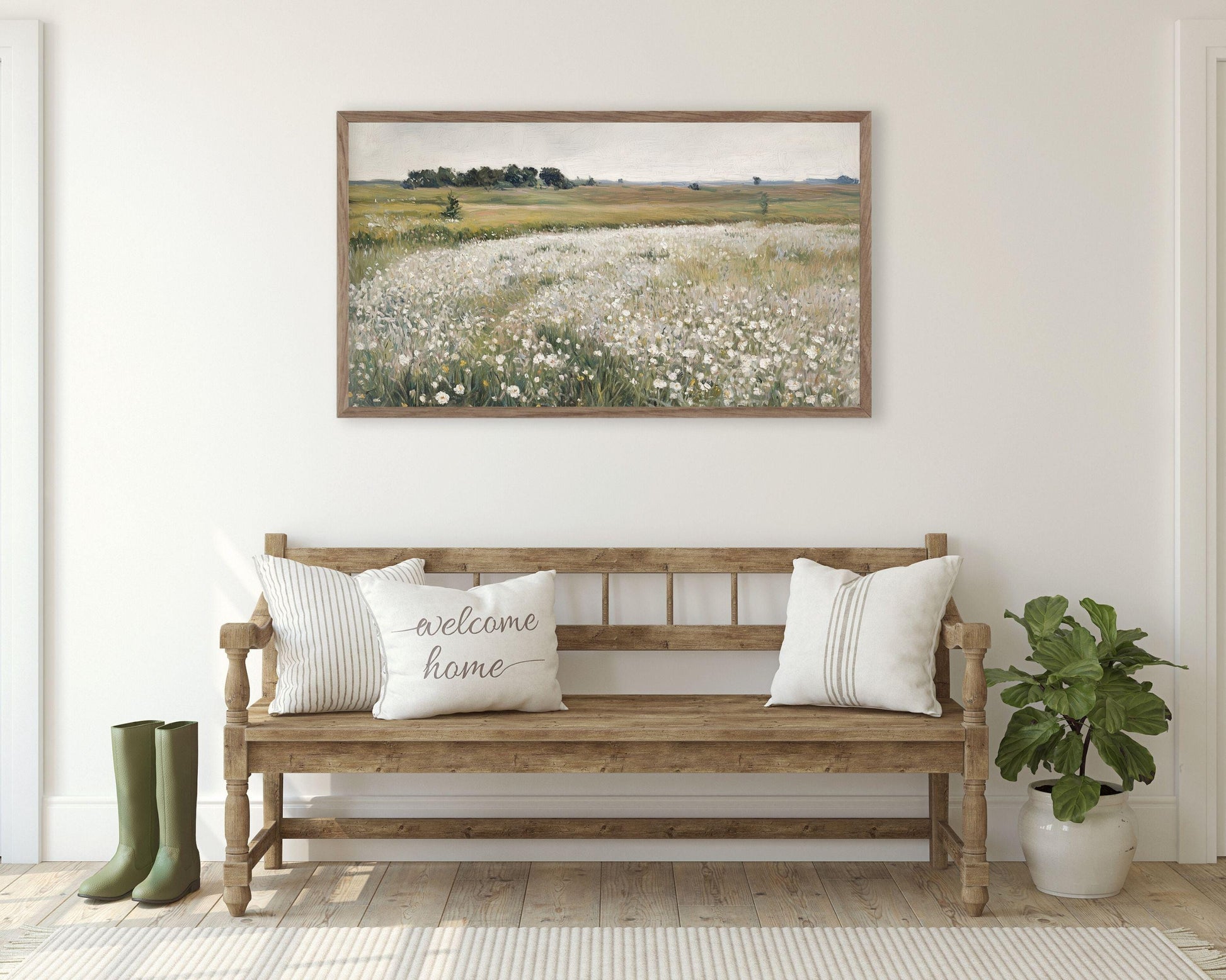 FRAME TV art White Wildflower Field, Spring landscape flower field tv art, Samsung Frame tv art sage green vintage style painting | TV602