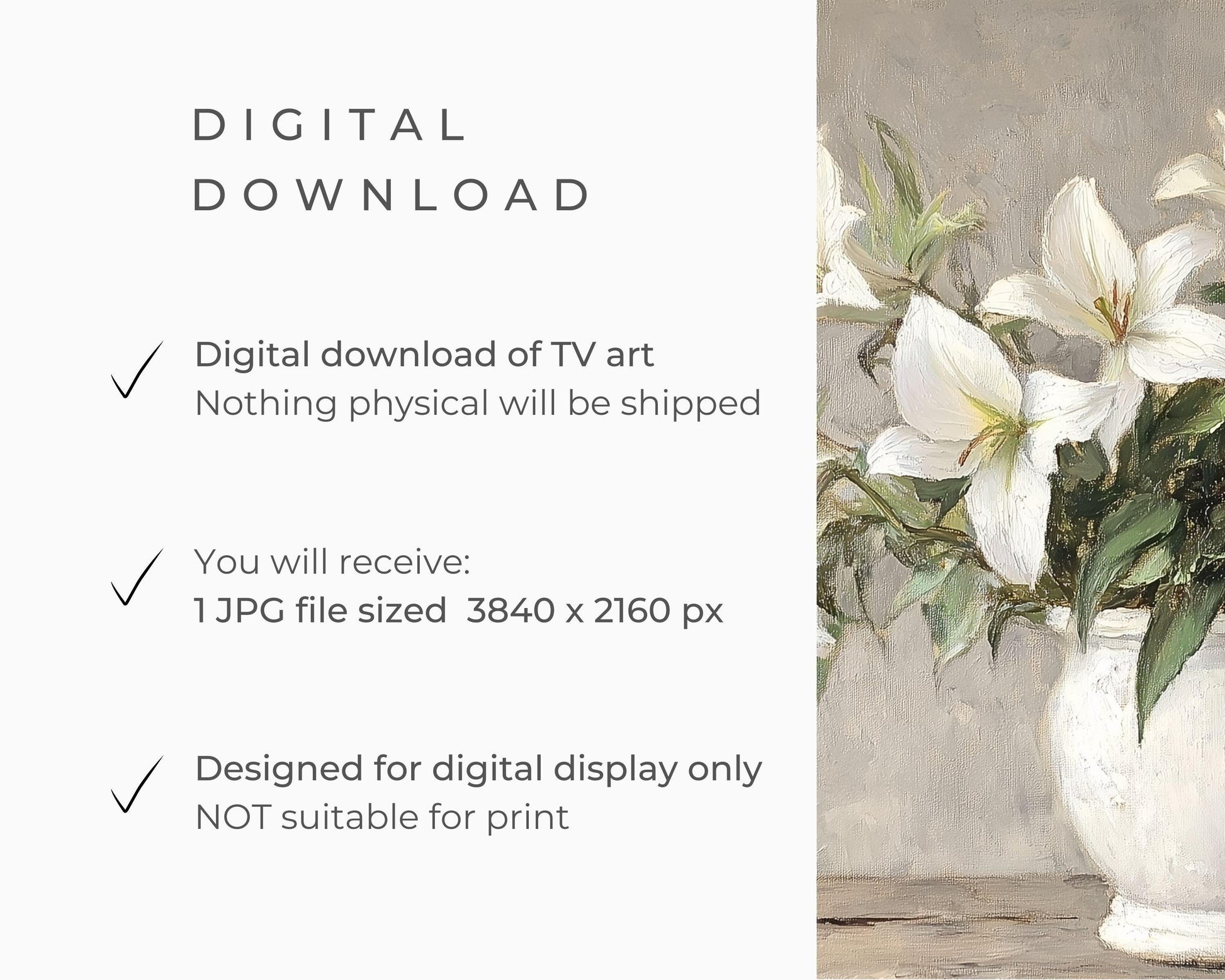 FRAME TV art White Lilies Still Life, Spring Samsung Frame tv art rustic farmhouse, Neutral floral tv artwork cottage decor | TV577