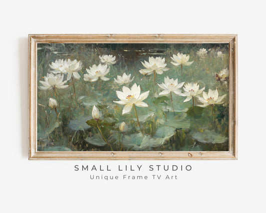 FRAME TV art White Waterlilies, Samsung Frame tv art vintage style floral painting green, White flowers lily pond tv art screensaver | TV603