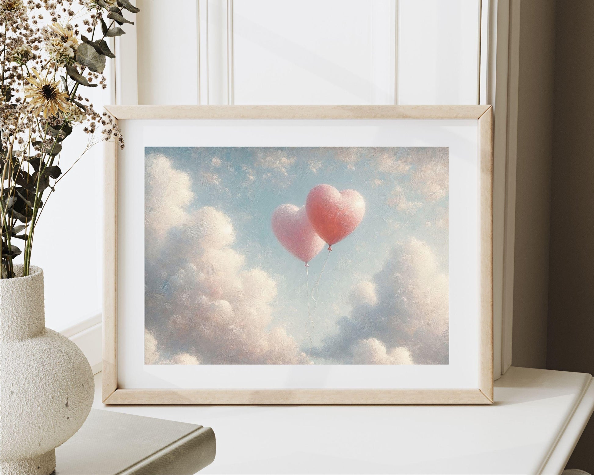 PRINTABLE Heart Balloons print, Cute Valentine's Day wall art pink love hearts, Vday romantic gift wedding anniversary vintage style | P053