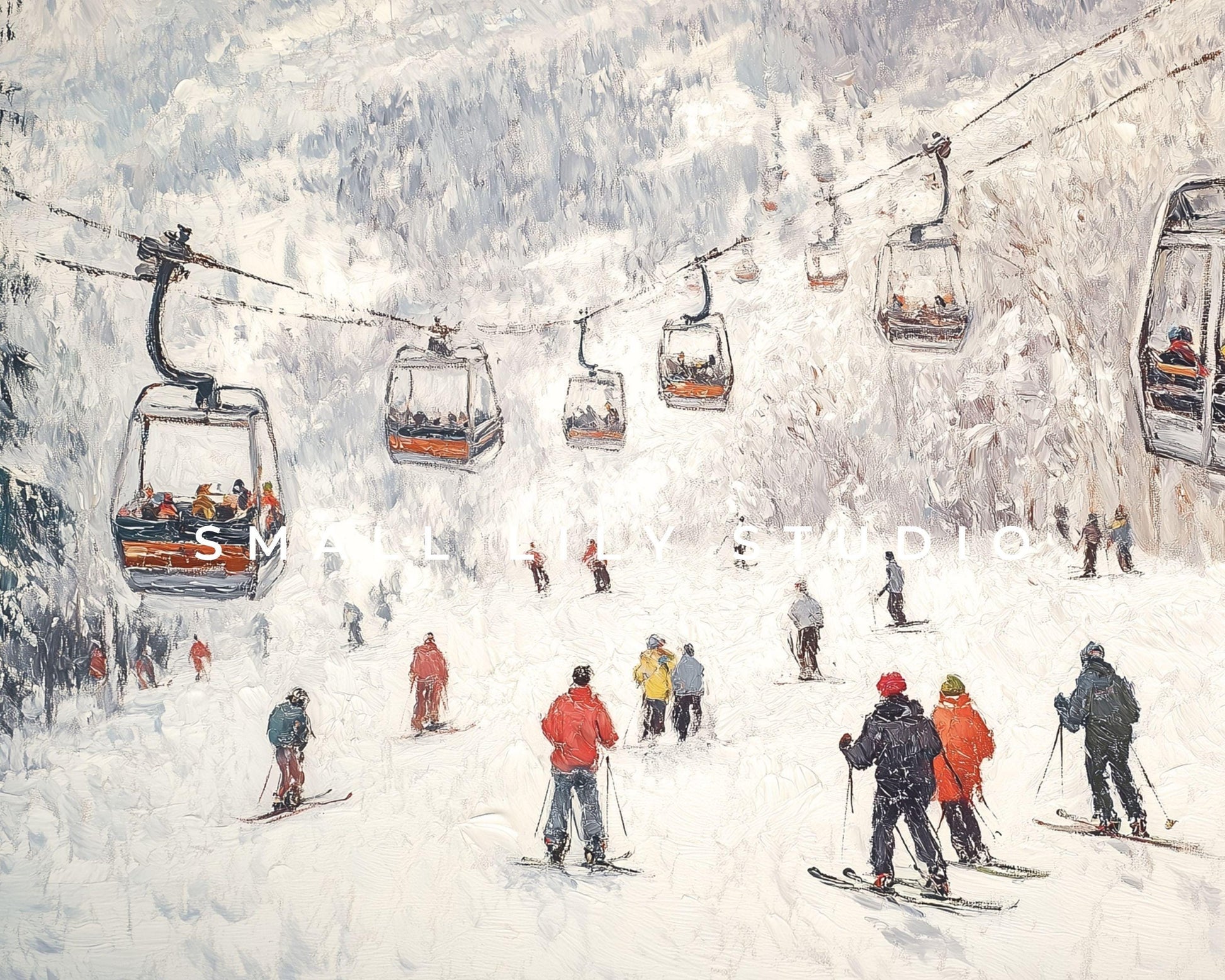 FRAME TV art Gondolas and Skiers, Samsung Frame tv art Winter Holidays in Snowy Mountains vintage style painting tv screeensaver | TV586