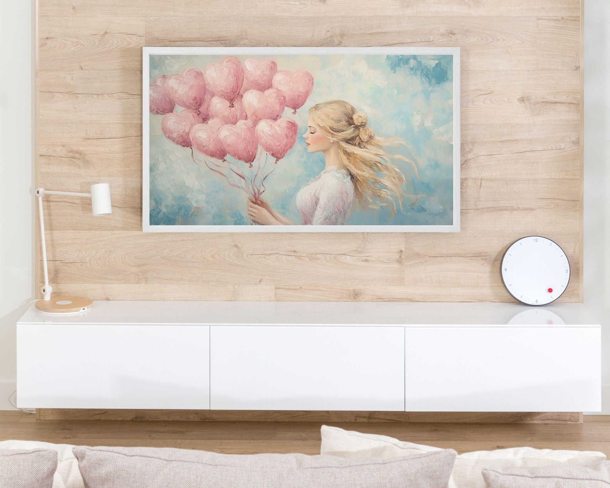 FRAME TV art Pink Heart Balloons, Samsung Frame art Valentine's Day, Vintage style painting vday self love woman portrait pink blue | TV596