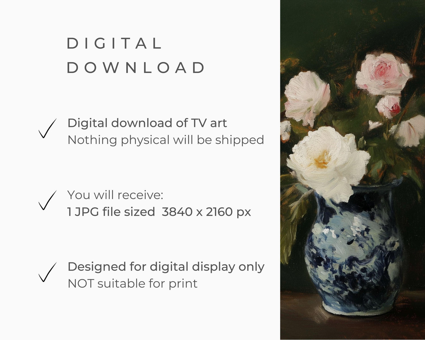 FRAME TV art Roses in Oriental Vase, Samsung Frame tv art vintage style flower still life painting, Dark green moody floral artwork | TV619