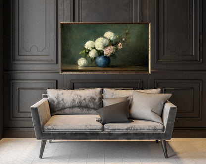 FRAME TV art Hydrangeas in Blue Vase, Samsung Frame tv art vintage style flower still life painting, Dark green moody floral artwork | TV620