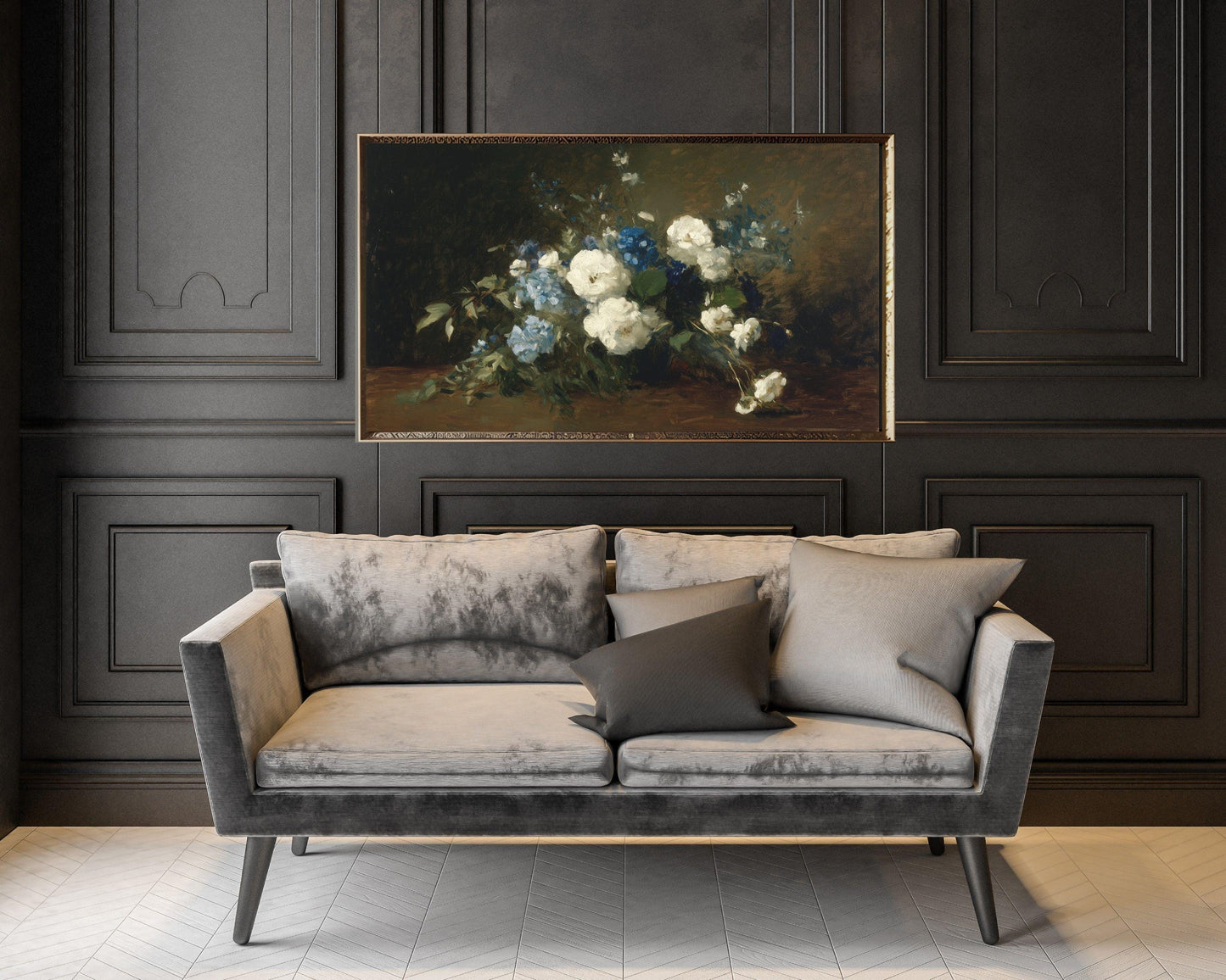 FRAME TV art Blue and White Still Life Flowers, Samsung Frame tv art vintage style flower painting, Dark moody floral artwork | TV621