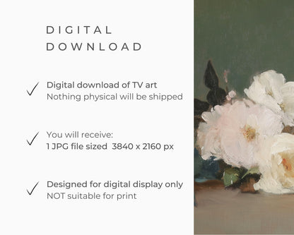 FRAME TV art Pink Roses on Green, Samsung Frame tv art vintage style flower still life painting, Dark green moody floral artwork | TV622