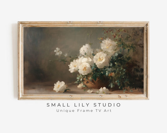 FRAME TV art Warm White Roses on Brown, Neutral Samsung Frame tv art vintage style flower still life painting, Dark moody floral art | TV623