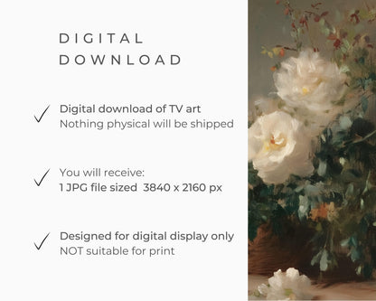 FRAME TV art Warm White Roses on Brown, Neutral Samsung Frame tv art vintage style flower still life painting, Dark moody floral art | TV623