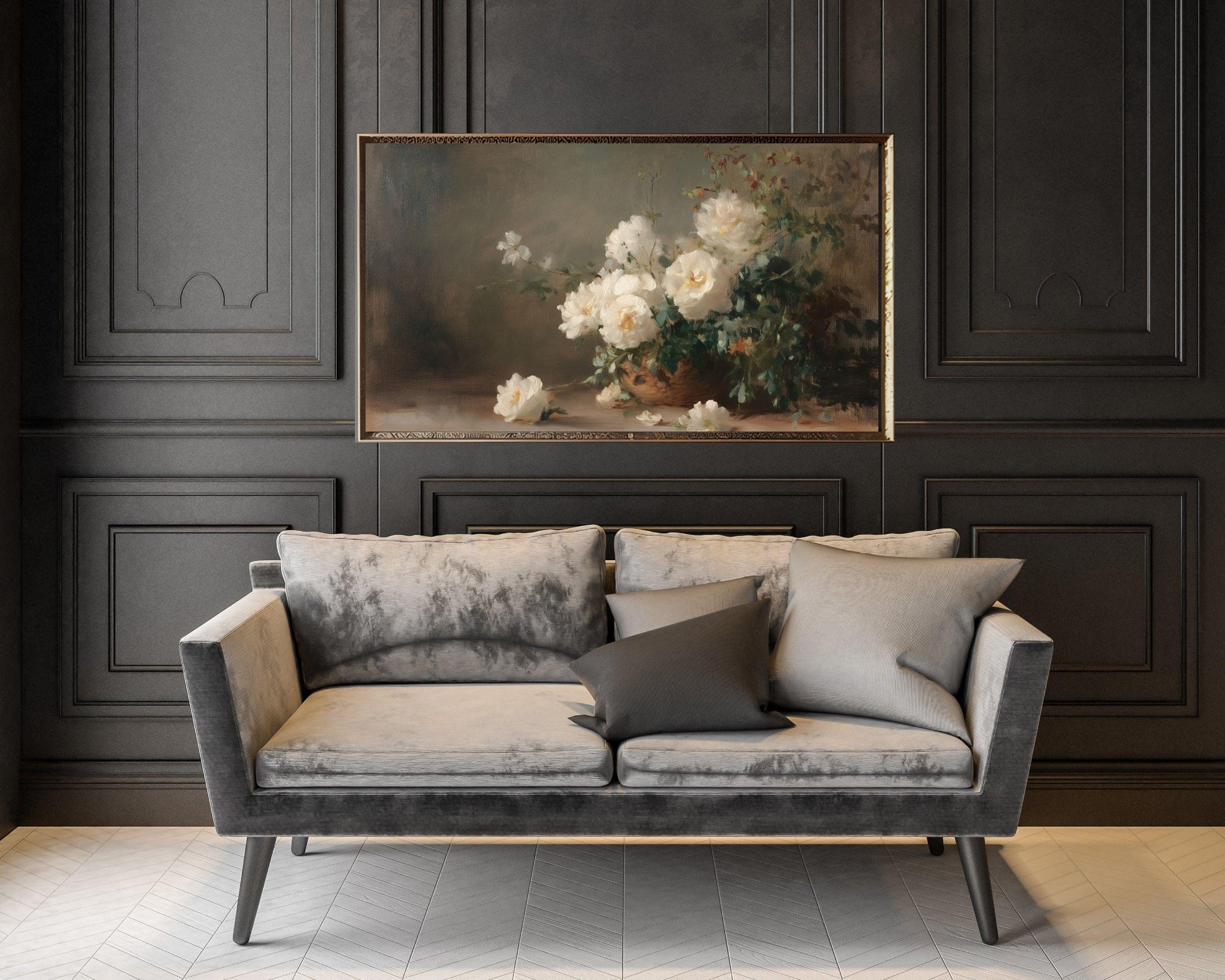 Warm White Roses on Brown Frame TV Art