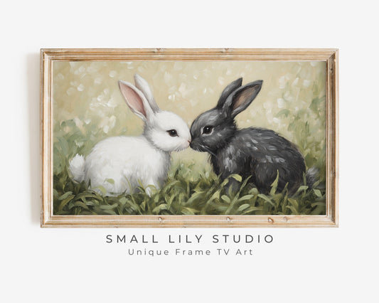 FRAME TV Art Bunnies Touching Noses, Samsung Frame tv art Valentine's Day, Cute Easter TV art screensaver for kids rabbits in grass | TV608