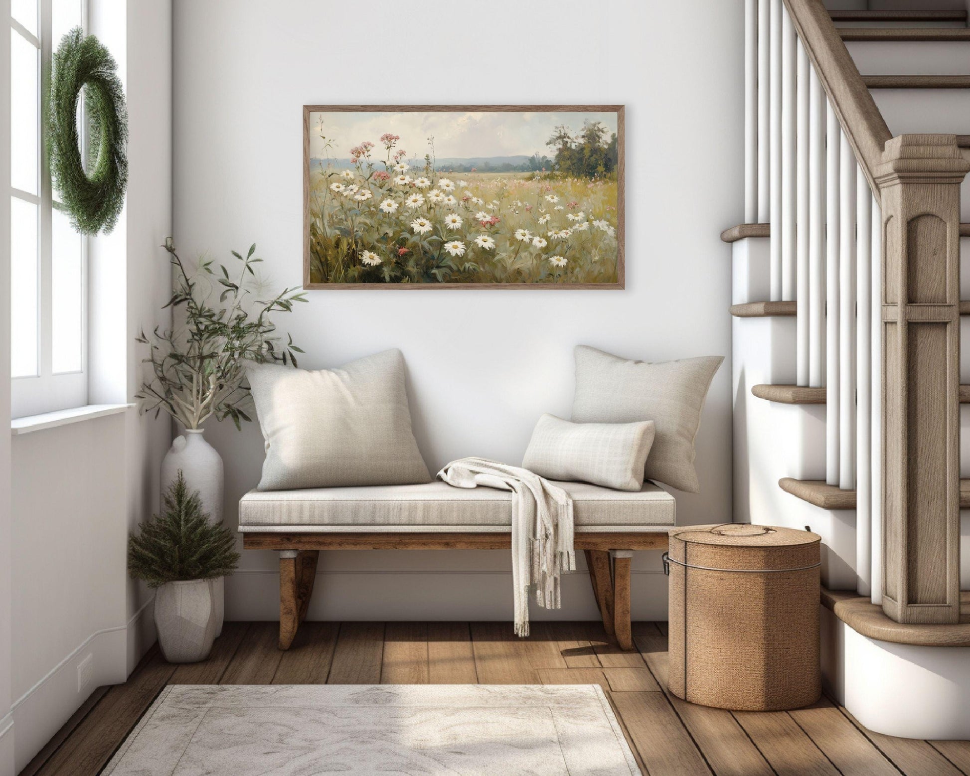 FRAME TV art Field of Daisies, Samsung Frame tv art vintage style painting Spring landscape, Wildflowers grasses sage green white | TV624