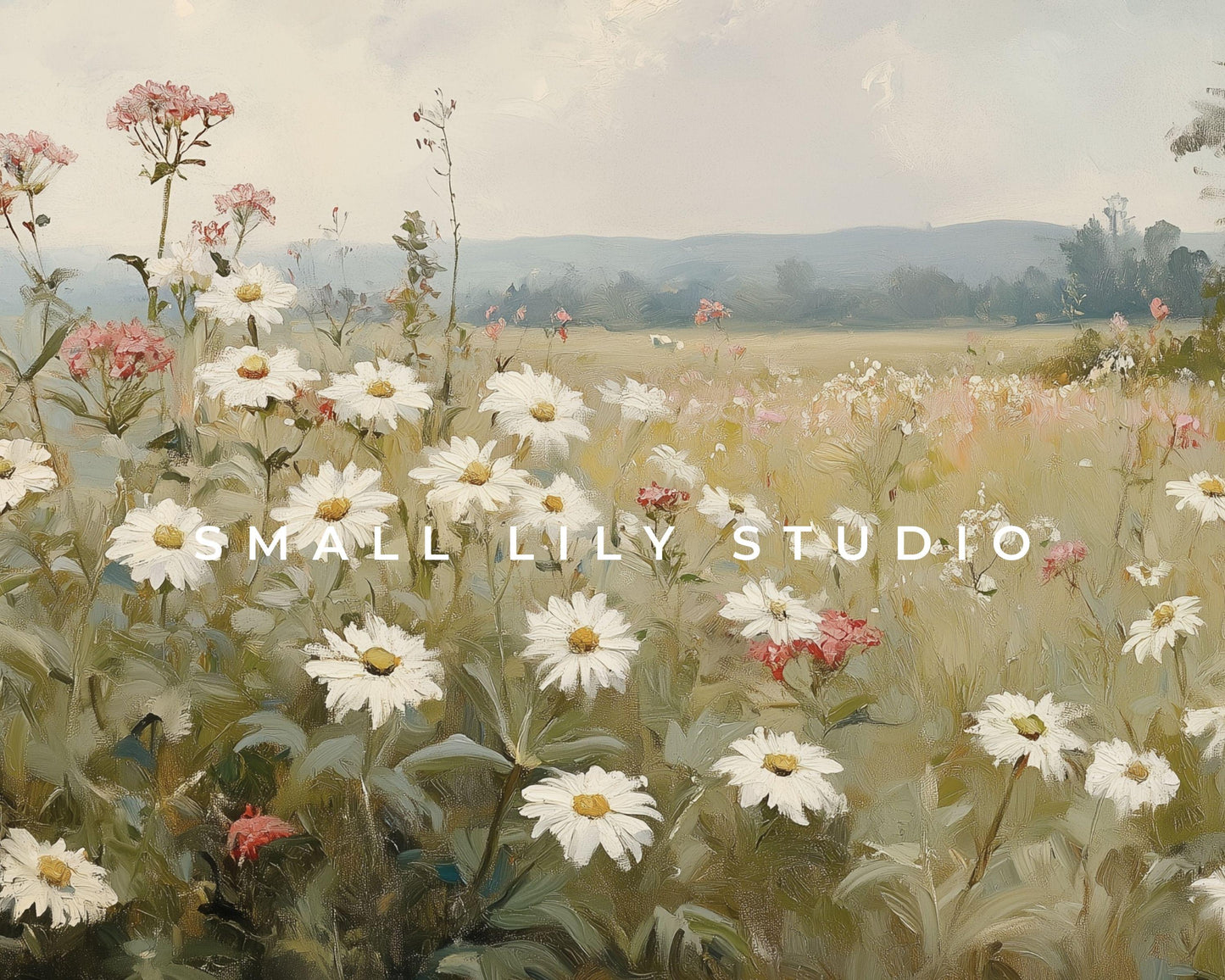 FRAME TV art Field of Daisies, Samsung Frame tv art vintage style painting Spring landscape, Wildflowers grasses sage green white | TV624