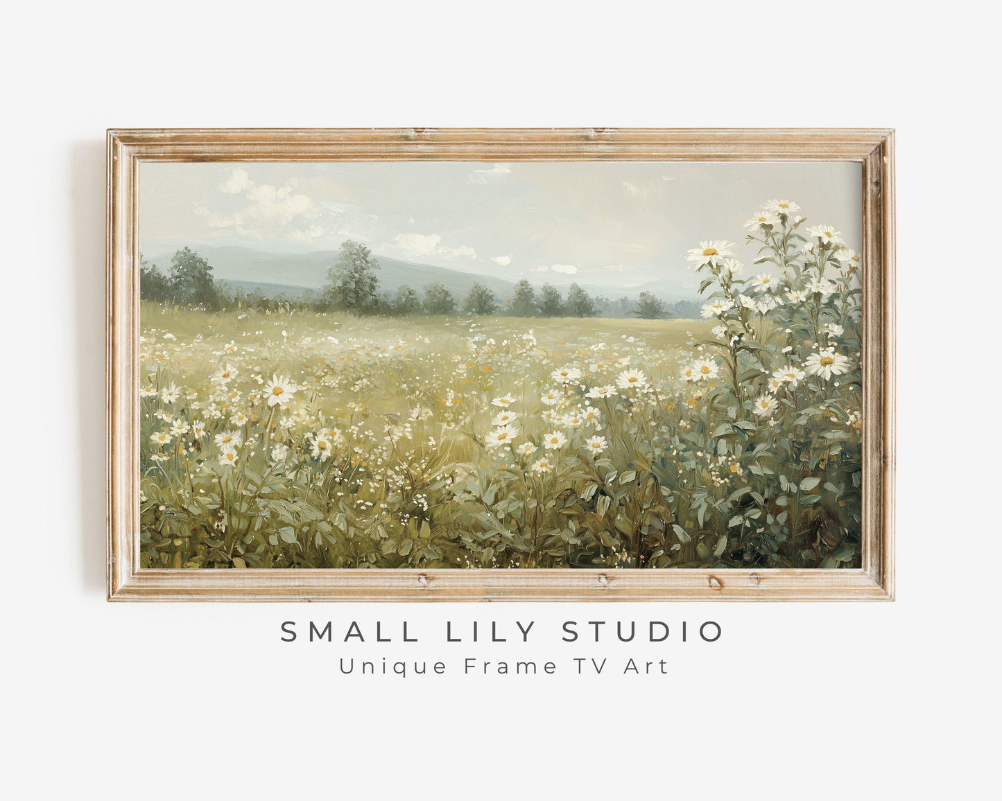 FRAME TV art Daisies in Spring Landscape, Samsung Frame tv art vintage style painting, Country farmhouse white wildflowers green art | TV625