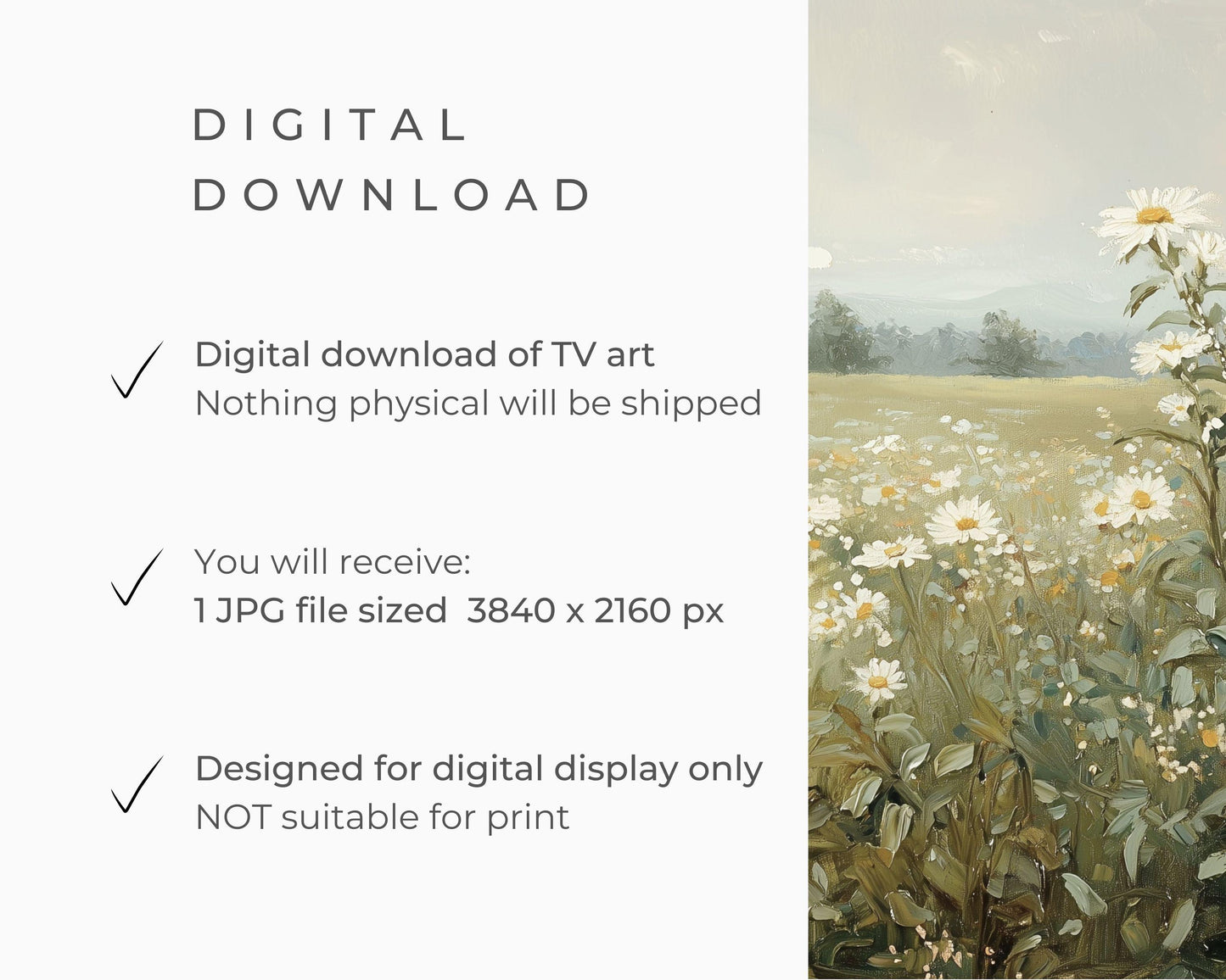 FRAME TV art Daisies in Spring Landscape, Samsung Frame tv art vintage style painting, Country farmhouse white wildflowers green art | TV625