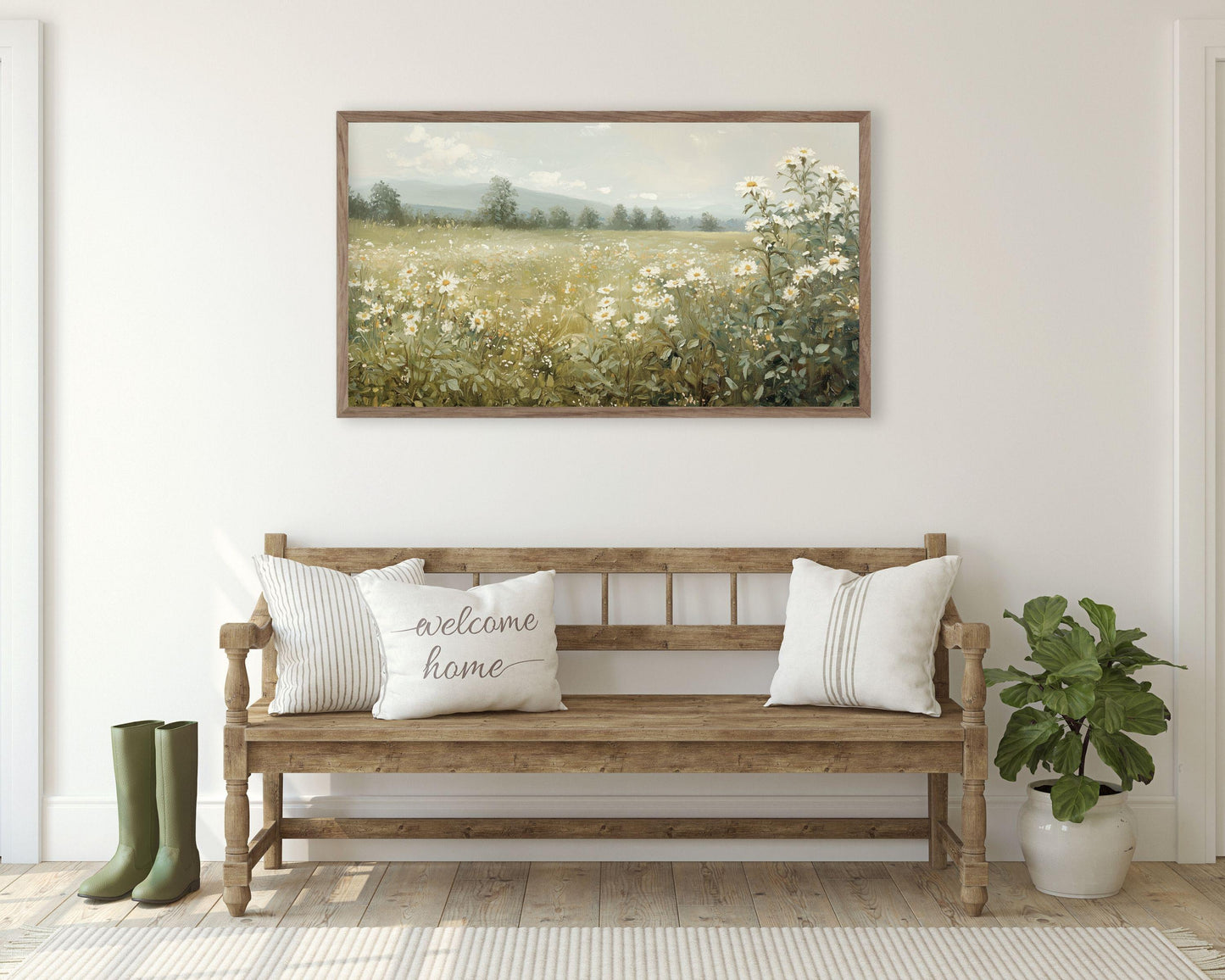 FRAME TV art Daisies in Spring Landscape, Samsung Frame tv art vintage style painting, Country farmhouse white wildflowers green art | TV625