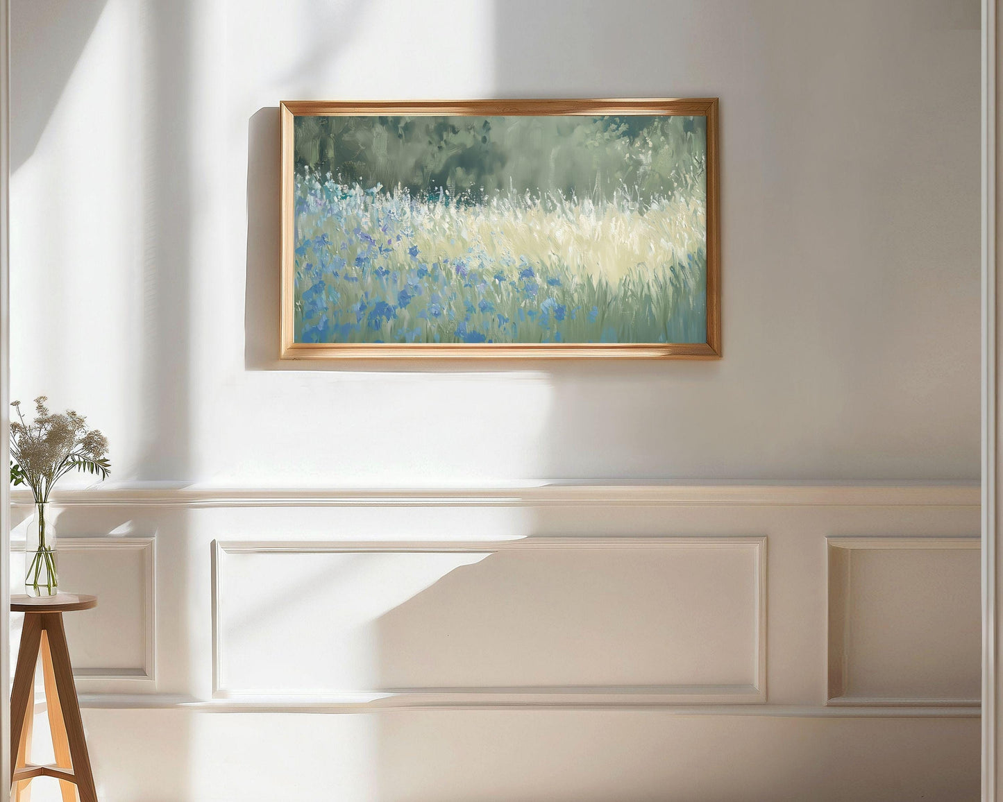 FRAME TV art Blue Wildflower Field Vintage Style Painting, Samsung Frame TV art Spring floral landscape textured blue green meadow | TV616