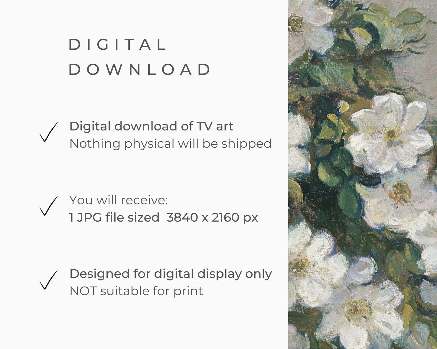 FRAME TV art White Flowers, Spring Samsung Frame tv art farmhouse, Neutral floral tv artwork, Green white cottage decor screensaver | TV601