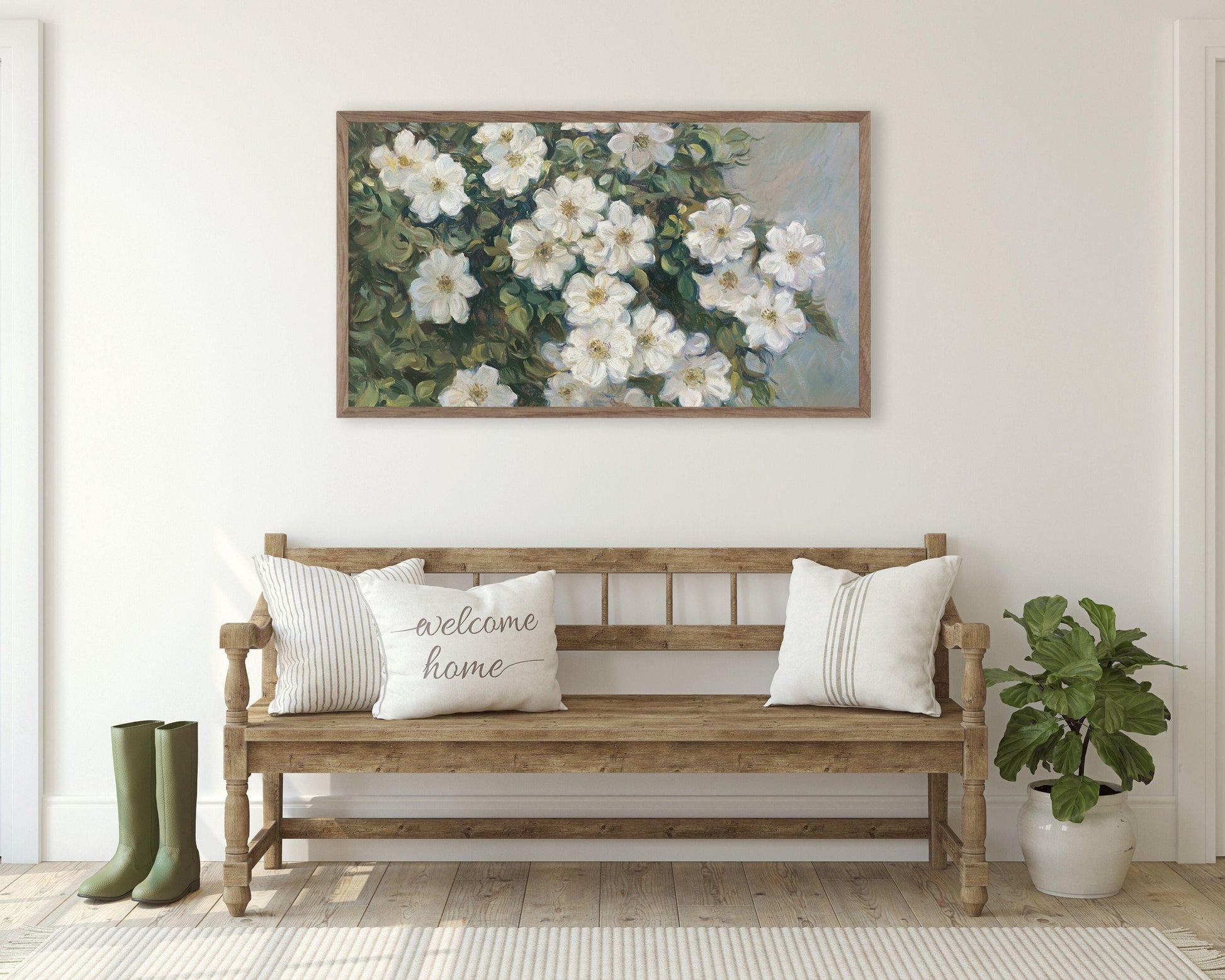 FRAME TV art White Flowers, Spring Samsung Frame tv art farmhouse, Neutral floral tv artwork, Green white cottage decor screensaver | TV601