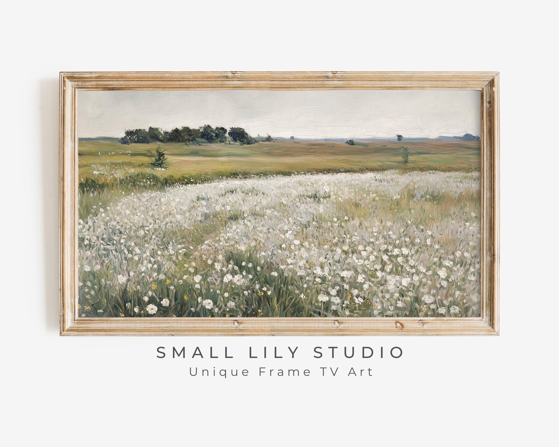 FRAME TV art White Wildflower Field, Spring landscape flower field tv art, Samsung Frame tv art sage green vintage style painting | TV602