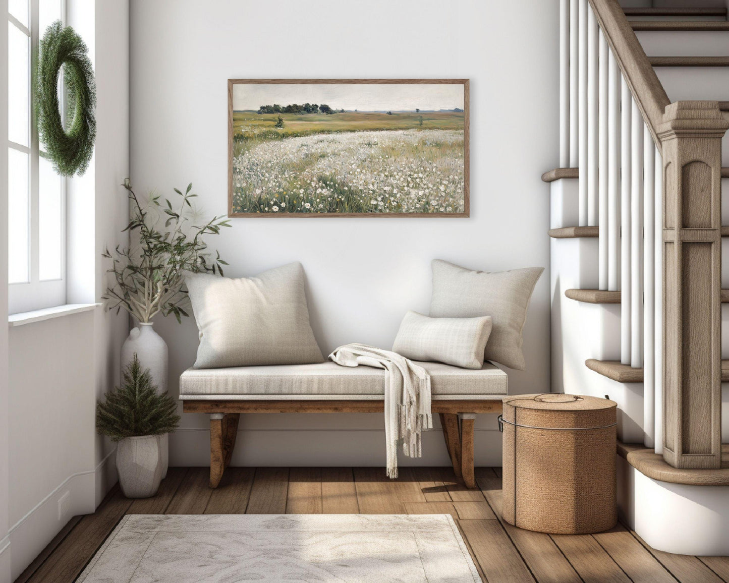 FRAME TV art White Wildflower Field, Spring landscape flower field tv art, Samsung Frame tv art sage green vintage style painting | TV602